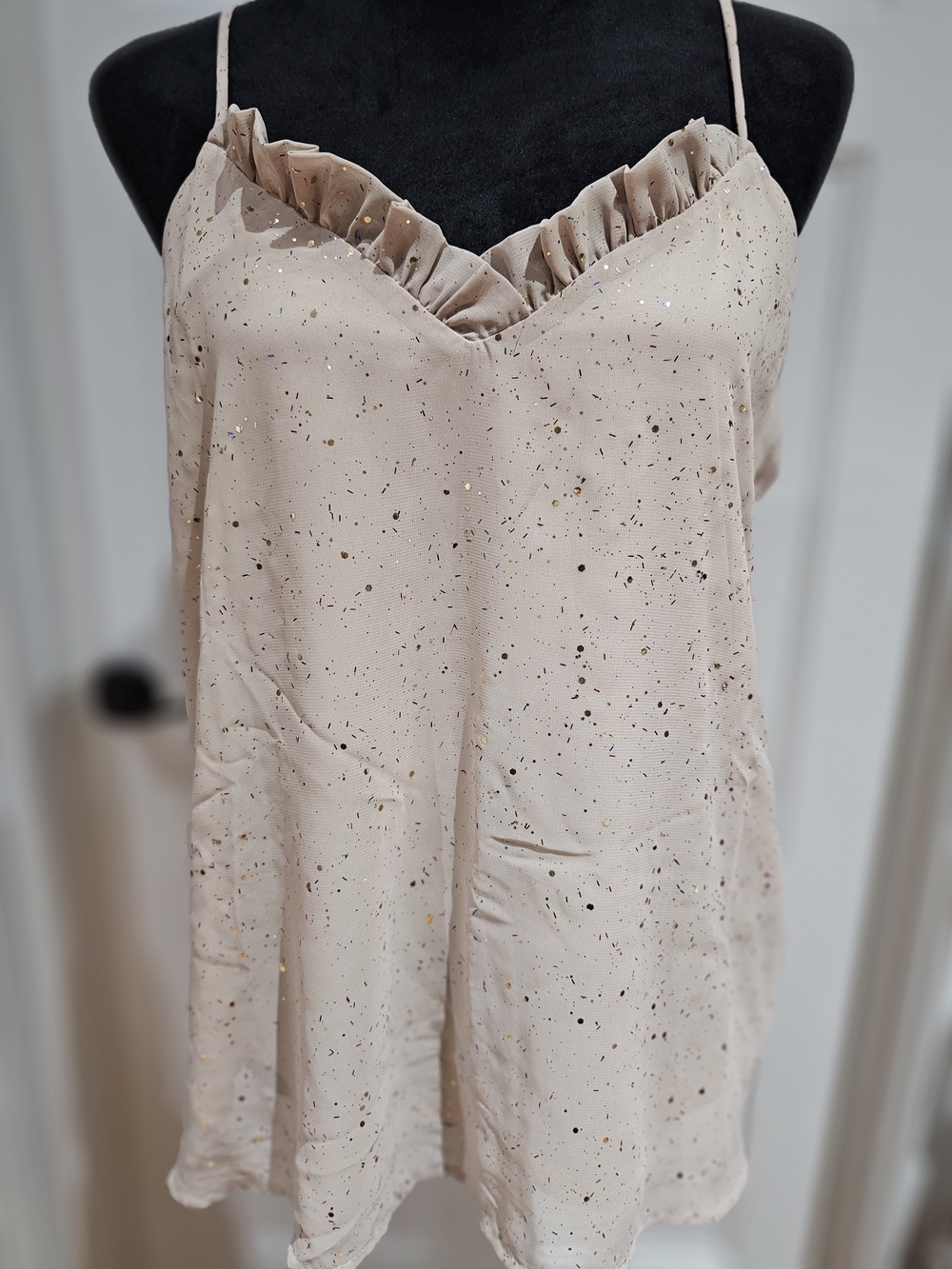 Adrienne Beige Ruffle V-Neck Sparkle Camisole